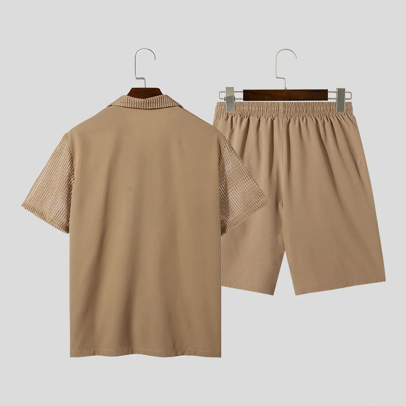 Casual Men's Fashion: Solid Color Transparent Shirt & Shorts Set
