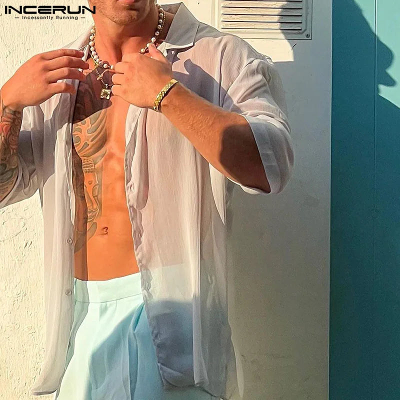 Stylish See-Through Chiffon Shirt: Men's Short Sleeve Lapel Top