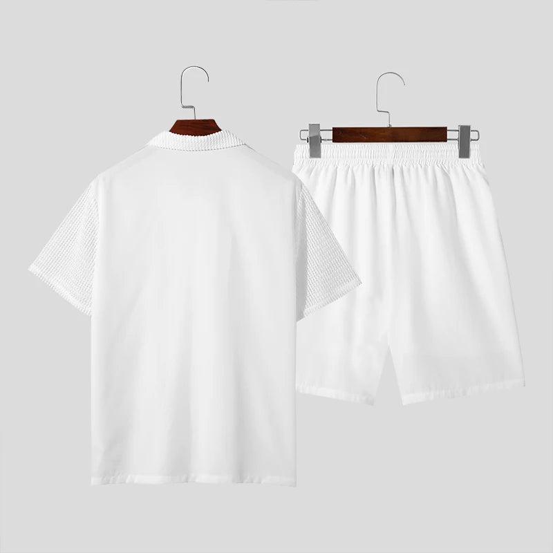 Casual Men's Fashion: Solid Color Transparent Shirt & Shorts Set