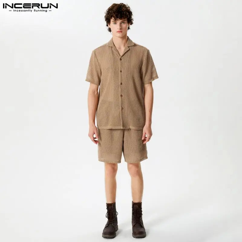Casual Men's Fashion: Solid Color Transparent Shirt & Shorts Set