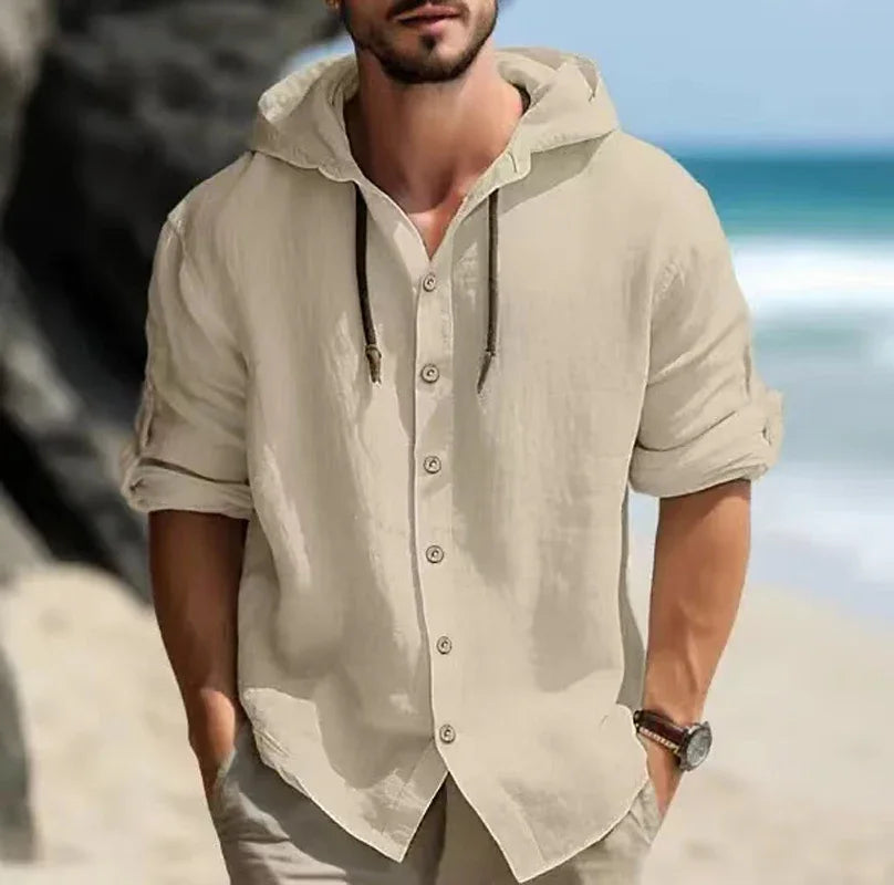 Casual Loose Linen Hoodie: Summer Long Sleeve Button Top for Men