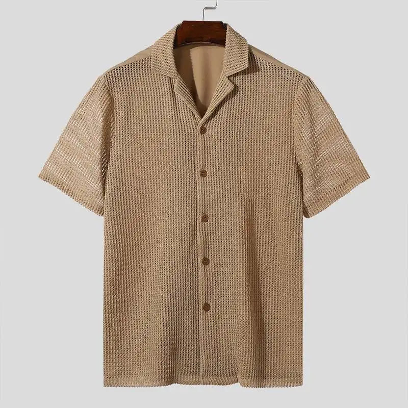 Casual Men's Fashion: Solid Color Transparent Shirt & Shorts Set