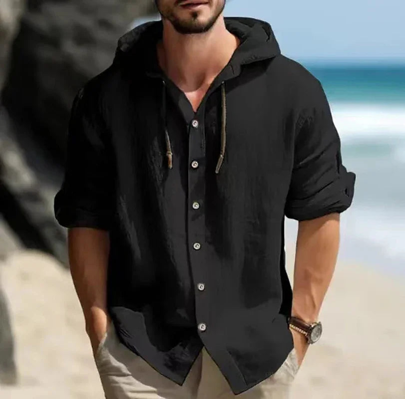 Casual Loose Linen Hoodie: Summer Long Sleeve Button Top for Men
