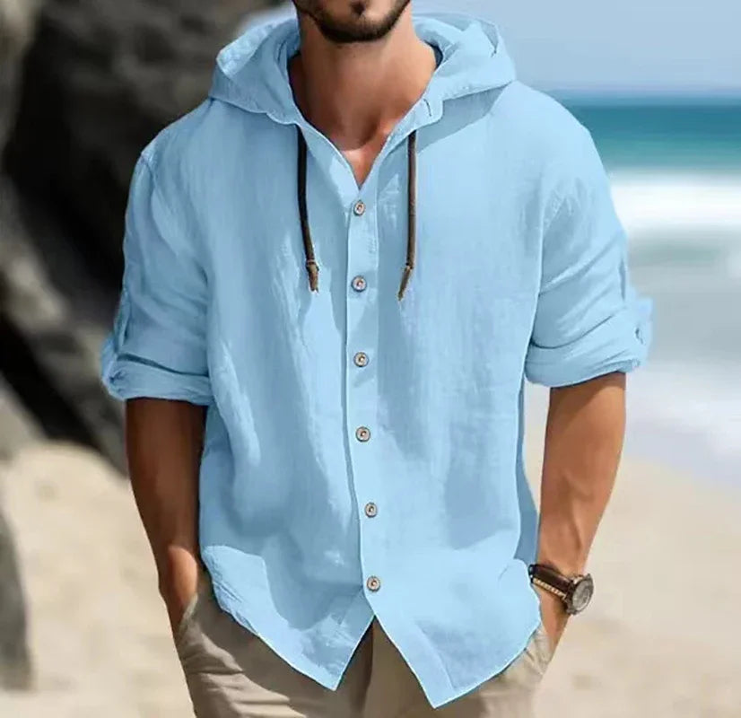 Casual Loose Linen Hoodie: Summer Long Sleeve Button Top for Men