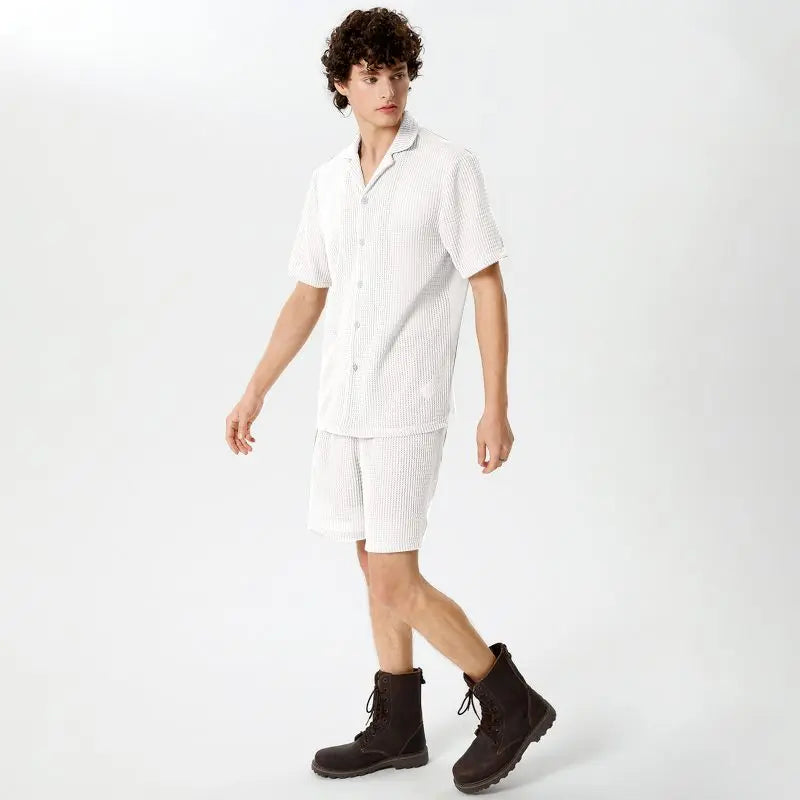 Casual Men's Fashion: Solid Color Transparent Shirt & Shorts Set