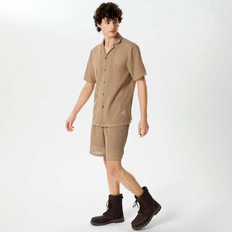 Casual Men's Fashion: Solid Color Transparent Shirt & Shorts Set