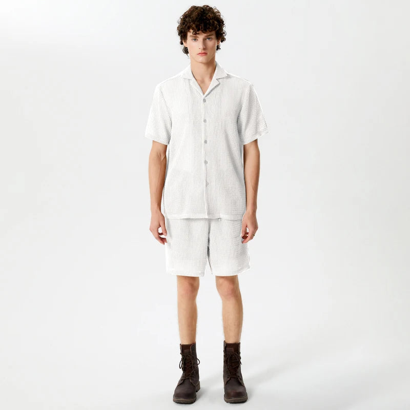 Casual Men's Fashion: Solid Color Transparent Shirt & Shorts Set