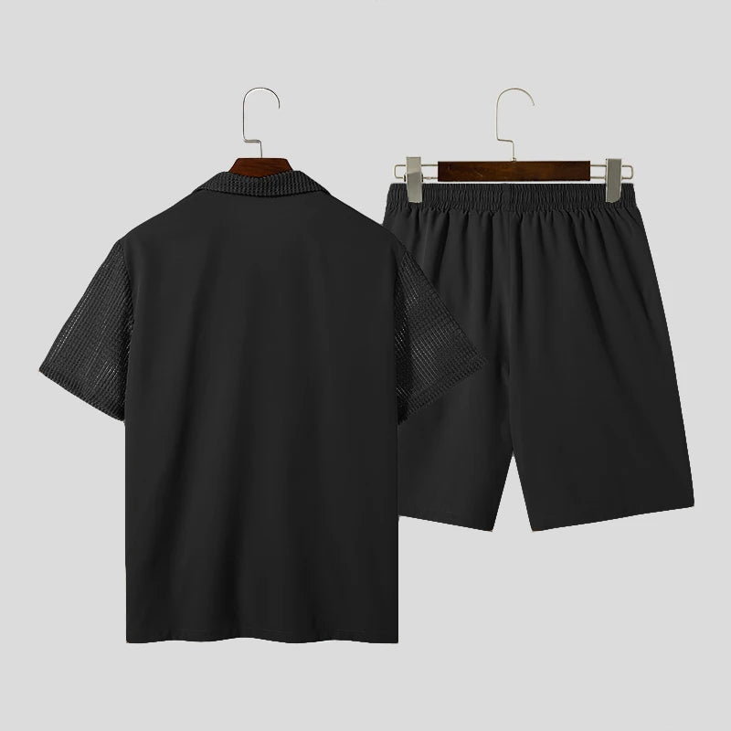 Casual Men's Fashion: Solid Color Transparent Shirt & Shorts Set