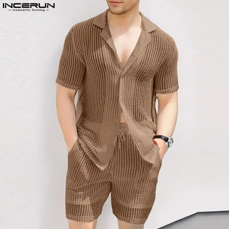 Casual Men's Fashion: Solid Color Transparent Shirt & Shorts Set