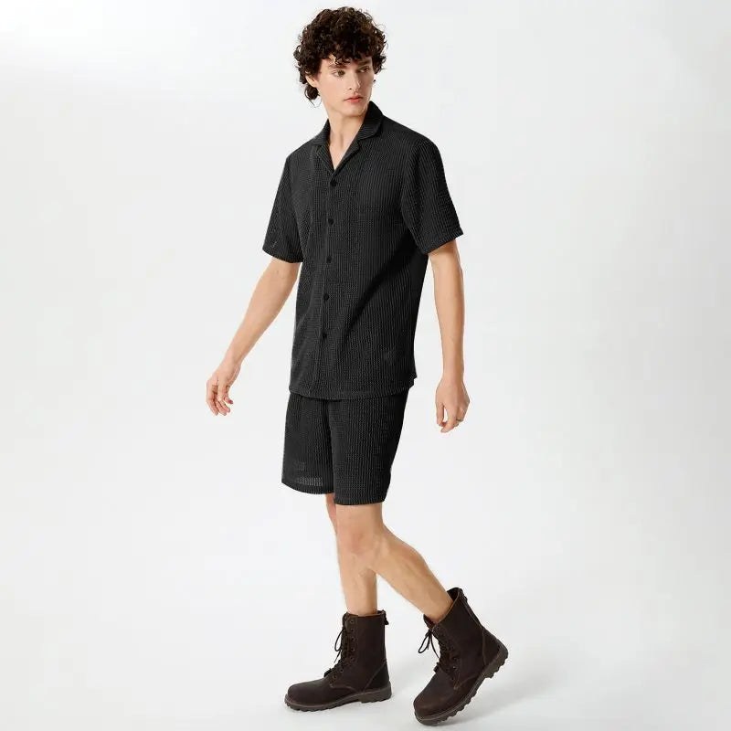 Casual Men's Fashion: Solid Color Transparent Shirt & Shorts Set