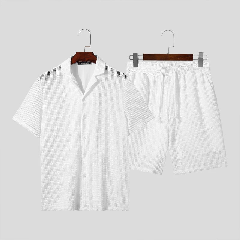 Casual Men's Fashion: Solid Color Transparent Shirt & Shorts Set