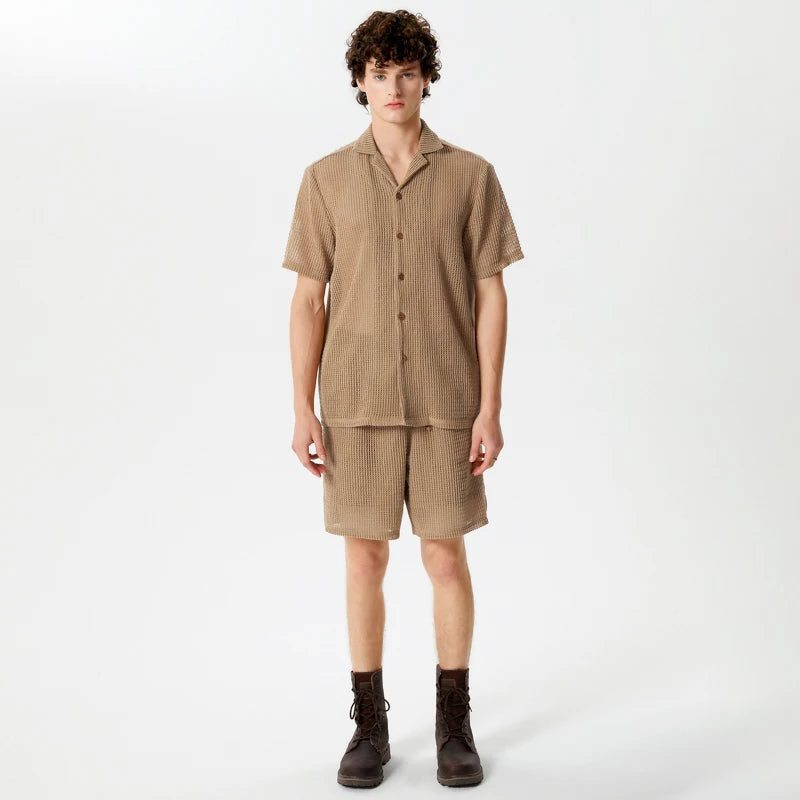 Casual Men's Fashion: Solid Color Transparent Shirt & Shorts Set