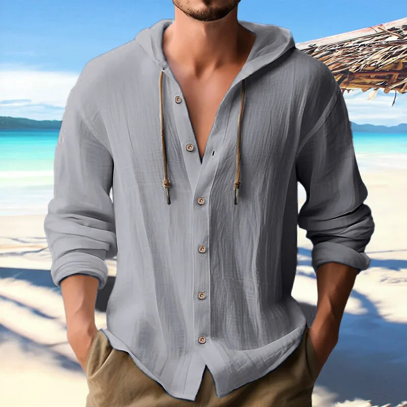 Casual Loose Linen Hoodie: Summer Long Sleeve Button Top for Men