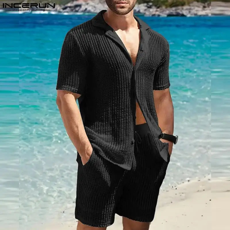Casual Men's Fashion: Solid Color Transparent Shirt & Shorts Set
