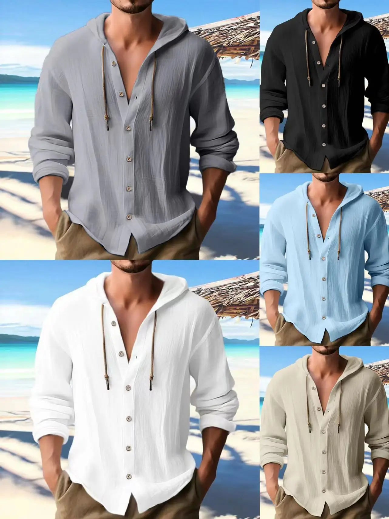 Casual Loose Linen Hoodie: Summer Long Sleeve Button Top for Men