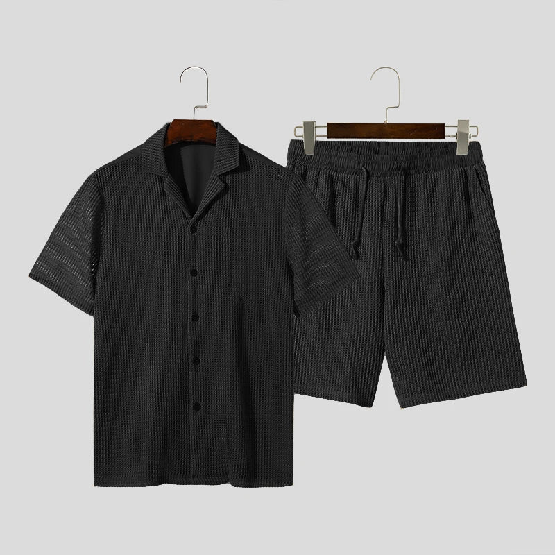Casual Men's Fashion: Solid Color Transparent Shirt & Shorts Set