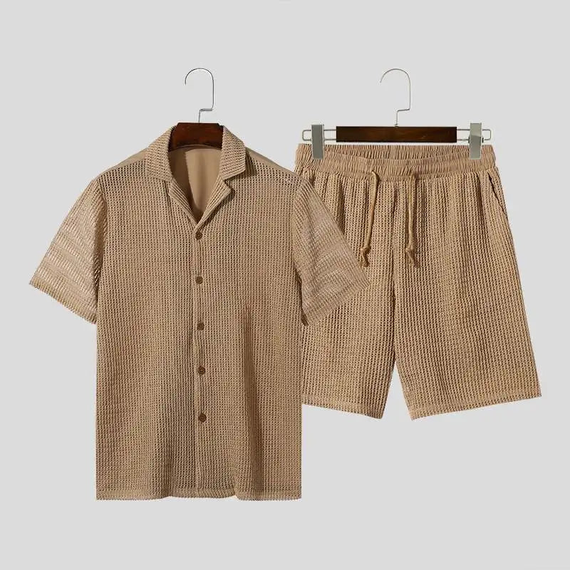Casual Men's Fashion: Solid Color Transparent Shirt & Shorts Set