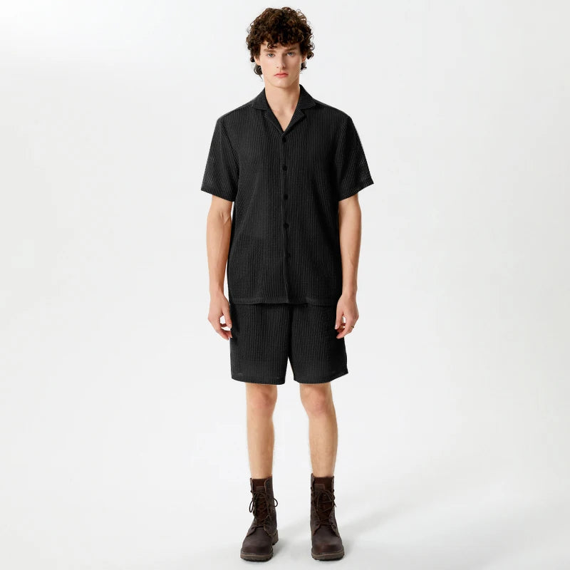 Casual Men's Fashion: Solid Color Transparent Shirt & Shorts Set