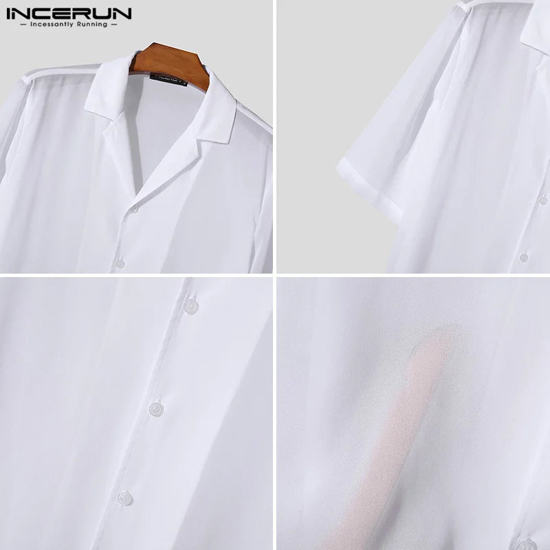 Stylish See-Through Chiffon Shirt: Men's Short Sleeve Lapel Top