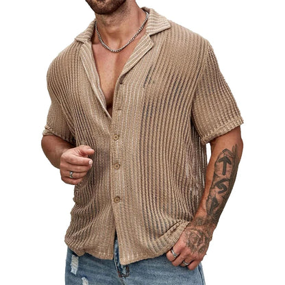 Fashionable Hollow Out Knit Top: Men's Streetwear Button Lapel Shirt