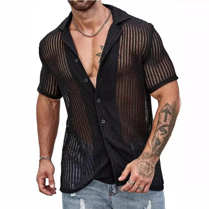 Fashionable Hollow Out Knit Top: Men's Streetwear Button Lapel Shirt