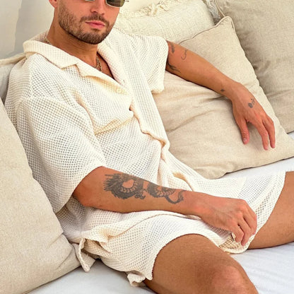 Summer Casual Knitwear: Men's Pure Color Short Sleeve Shirt and Shorts