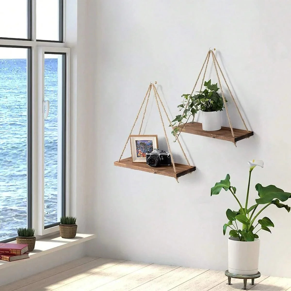 RusticSwing: Wooden Rope Floating Shelf