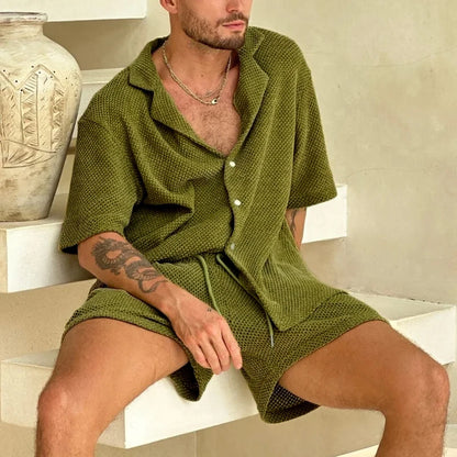 Summer Casual Knitwear: Men's Pure Color Short Sleeve Shirt and Shorts