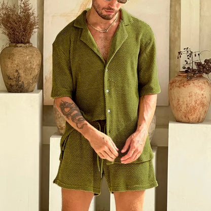 Summer Casual Knitwear: Men's Pure Color Short Sleeve Shirt and Shorts