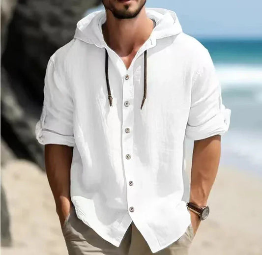 Casual Loose Linen Hoodie: Summer Long Sleeve Button Top for Men