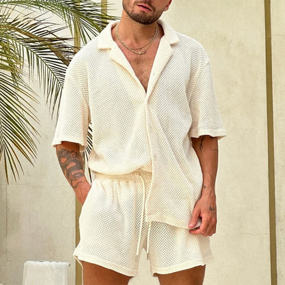 Men's Leisure Knit Two Piece Outfit: Solid Color Short Sleeve Shirts and Shorts