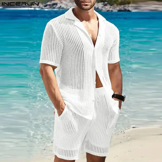 Casual Men's Fashion: Solid Color Transparent Shirt & Shorts Set