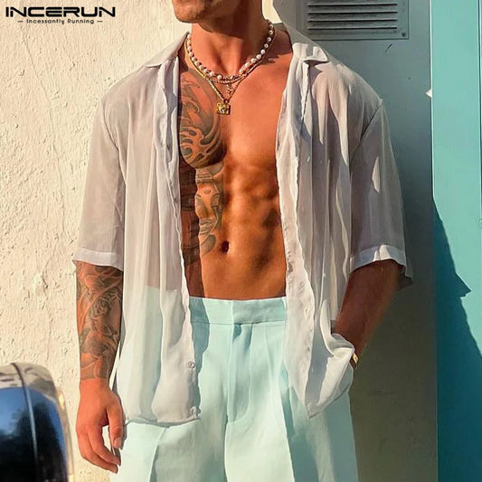 Stylish See-Through Chiffon Shirt: Men's Short Sleeve Lapel Top